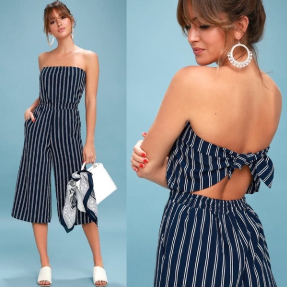 Lulu's Saltwater and Sun Navy Blue Striped Strapless Midi Jumpsuit